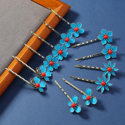 1Pc Style Burnt Blue Glazed Flowers One-word Clip Niche Ethnic Style Ancient Clothing Headgear Classical Temperament Broken Hair Clip