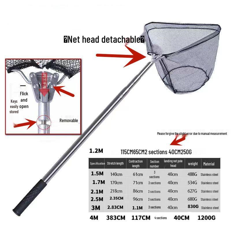 Telescopic 2.5m Folding Triangle Fishing Net with Stainless Steel Rod and Black Pocket