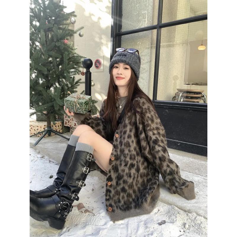 

Высококачественный вязаный кардиган с леопардовым принтом в стиле ретро для женщин — весенний, свободный крой, модный. One Size