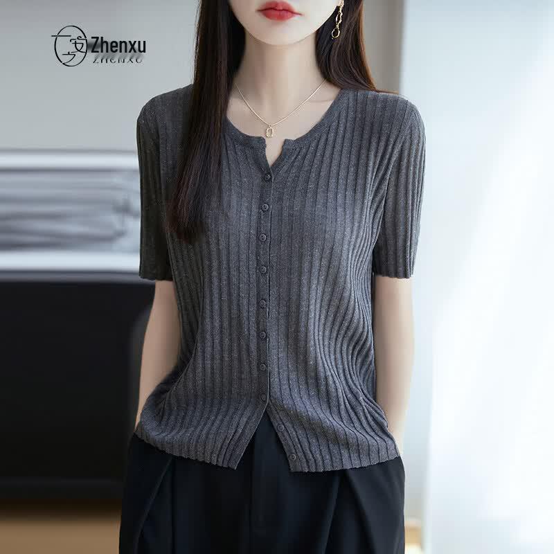 Women s Lyocell Linen Blend Short Sleeve Half-Collar T-shirt L темно-серого