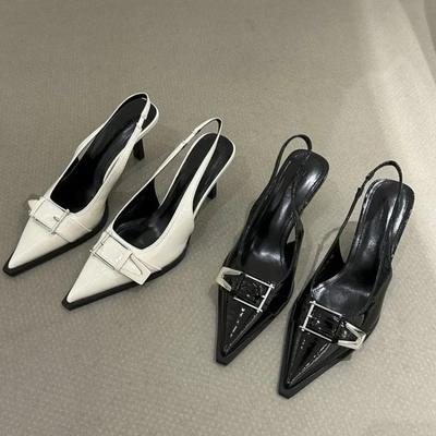 Neue Sommer Damen Kleiderschuhe Spitz Zehensandalen Schnalle Slingbacks Pumps Riemen hinten Mittelhohe Absätze Lackleder Schuh Zapatos Mujer