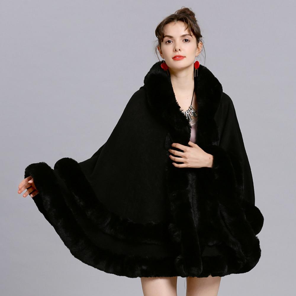 Women's Coat Autumn and Winter New Large Size Imitation Fur Collar Shawl Fur Hooded Knitted Cardigan Shawl Cape Jacket