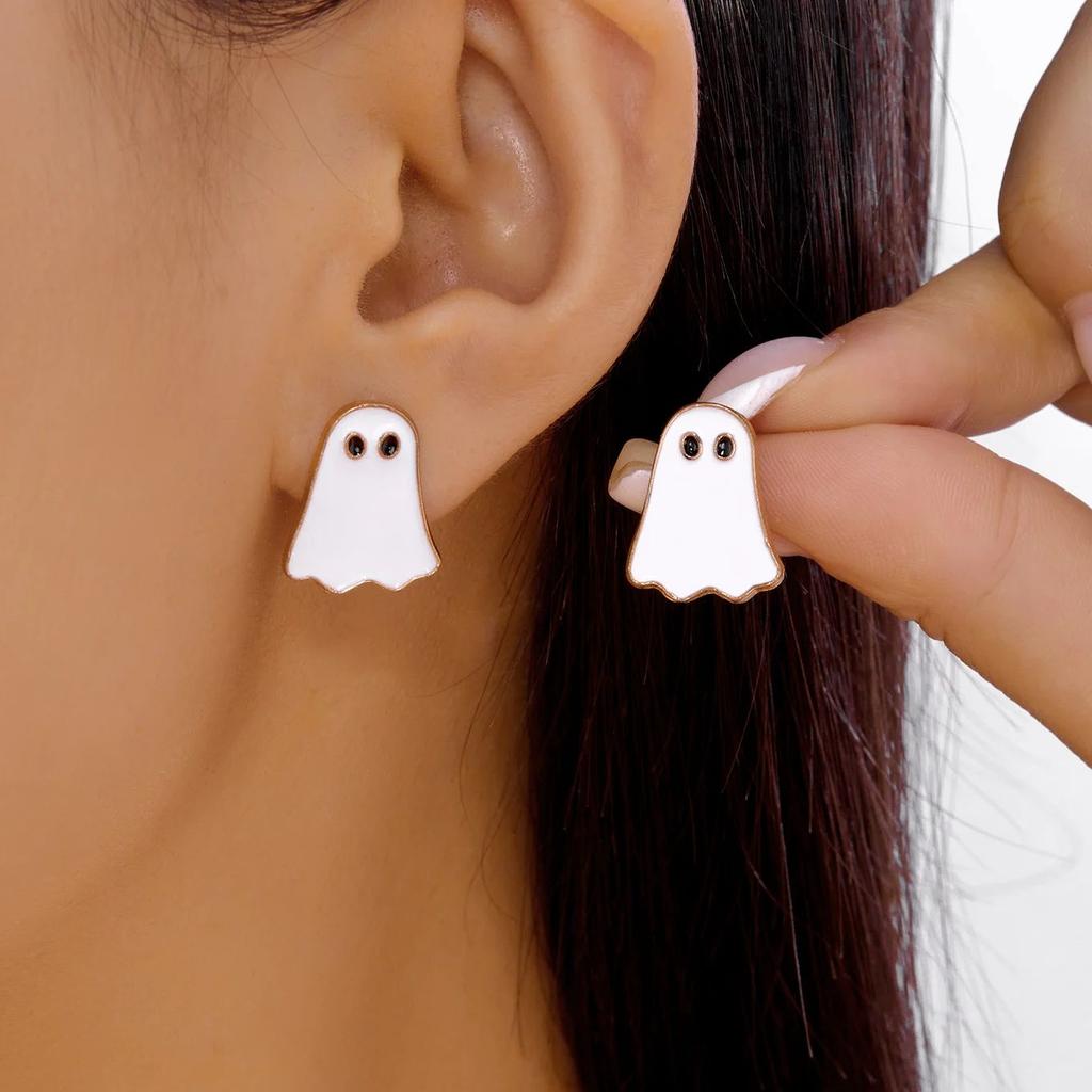 Urocze Kreskówkowe Białe Duchy Wiszące Kolczyki dla Kobiet Modne Kreatywne Zabawne Kolczyki Potwory Naszyjnik Akcesoria Biżuteria Halloween