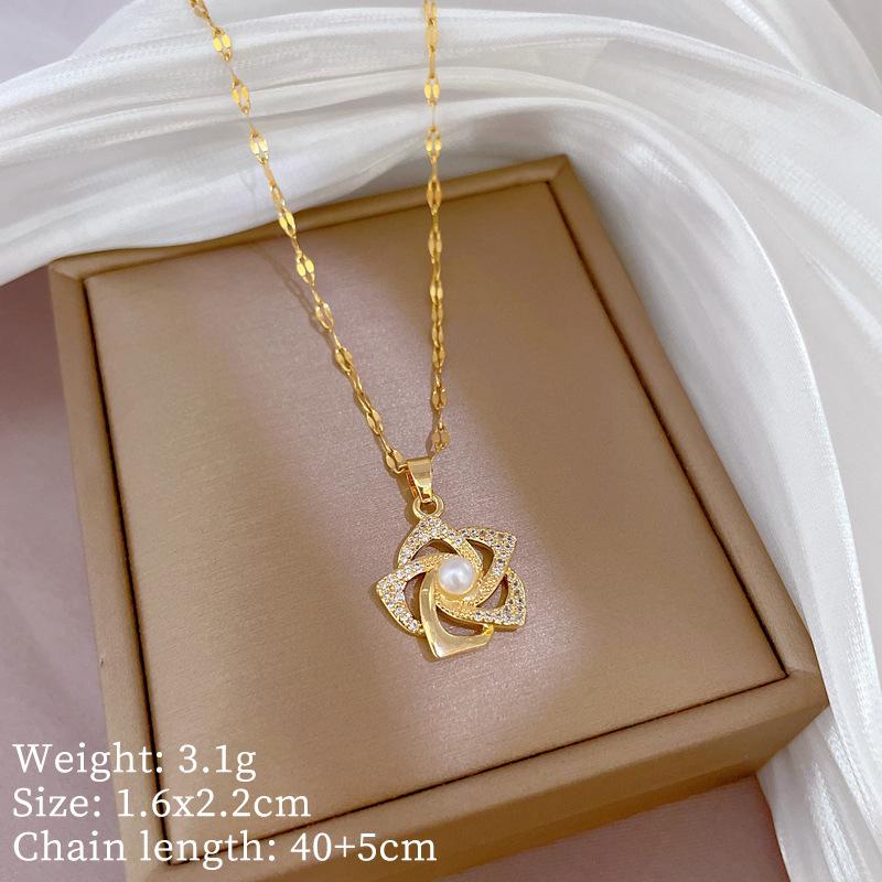 Light Luxury Full Diamond Slightly Inlaid Zircon Pearl Rotating Flower Necklace Copper Electroplated Real Gold Pendant Wind