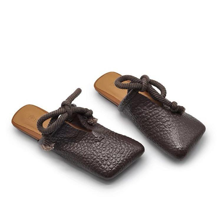

Summer retro casual sandals flat bottom square head bag head slippers women s outer wear 2025 new lazy handmade pu leather 40 коричневый