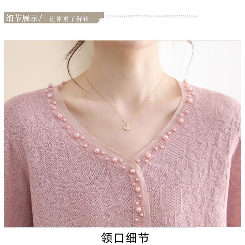 Spring Autumn V-neck Beading Bottomed Knitting Top Women Long Sleeve All-match Pullover Sweater