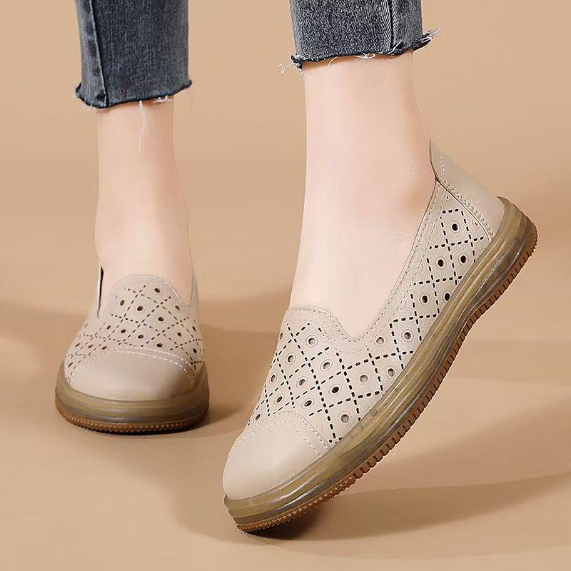Spring Summer New Genuine Leather Hollow Out Flat sole Shoes Thick sole Non Slip Round Toe Shallow Slip On Elderly Nude Shoes