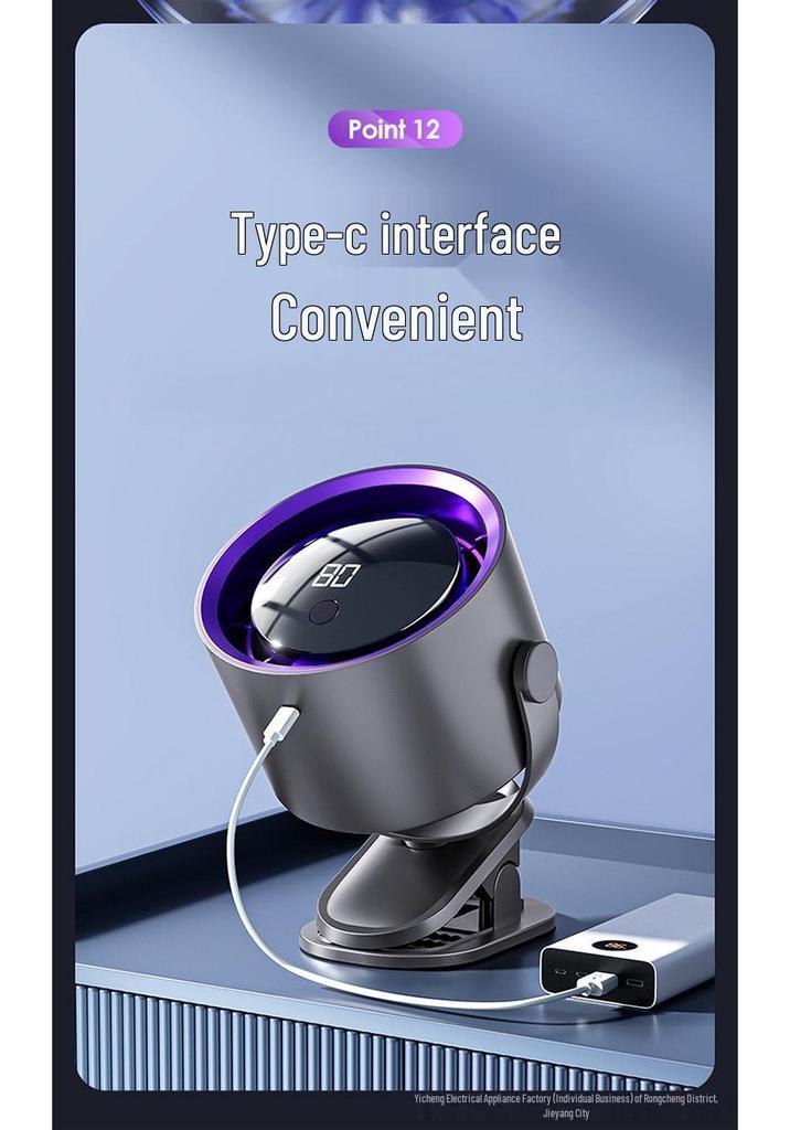 Rechargeable Mini USB Clip-on Desktop Fan with Digital Display for Home, Office, and Dorm.