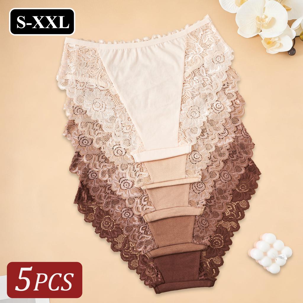 5 pezzi/set vendita calda nuovo cotone donna intimo elegante pizzo floreale mutandine traspiranti tinta unita scava sexy slip lingerie