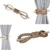 2pcs Boho Style Curtain Tiebacks, Rustic Solid Wooden Rods with Thick and Jute Rope, Simple Curtain Holdbacks for Bedroom & Living Room Decor
