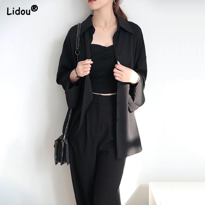 All Season Turn-down Collar Button Solid Loose Blouses Fashion Casual Formal Temperament Premium Women's Clothing Comfortable