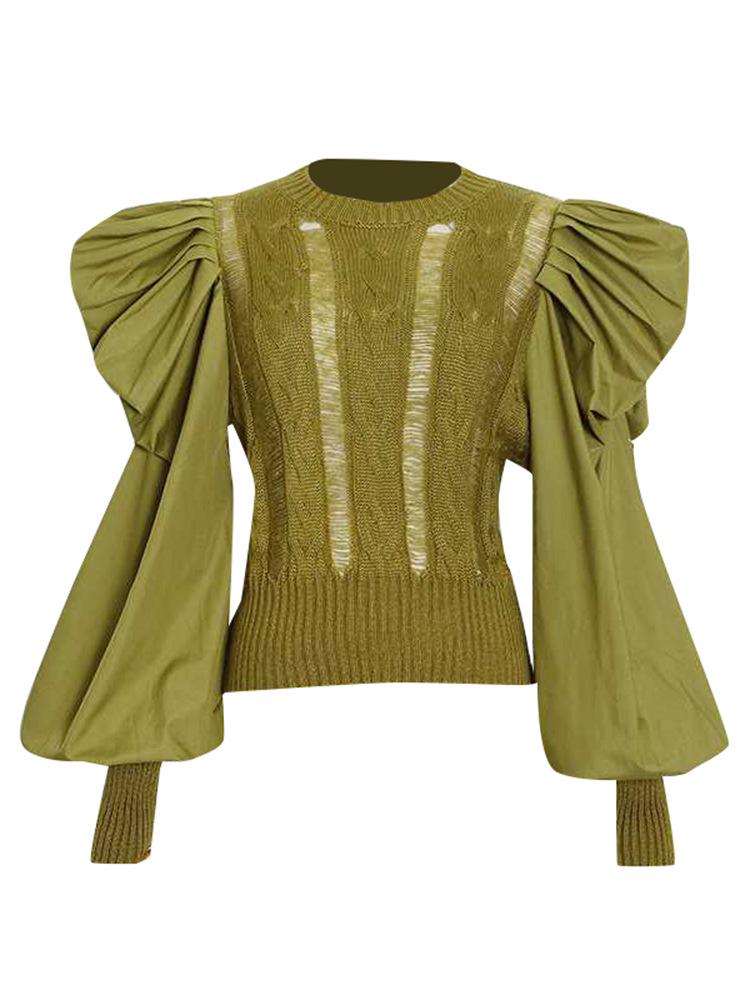 Women's Retro Court Knitwear Top - Autumn 2026, Patchwork Round Neck, Hollow Out, Long Sleeve, Waist-Cinched Sweater