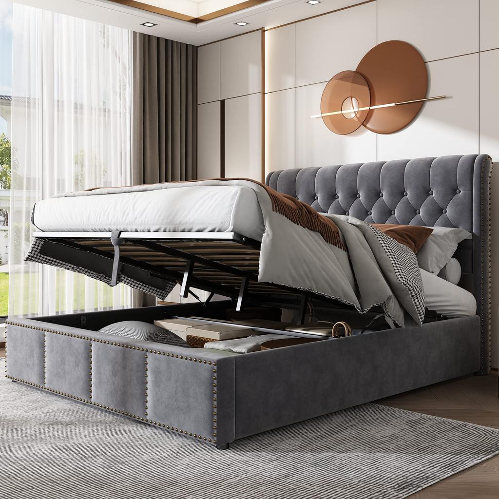 Upholstered Bed 140x200cm Slatted Frame Headboard Hydraulics Storage Space Double Bed Studded Decoration Adults Youth Grey (Without Mattress)
