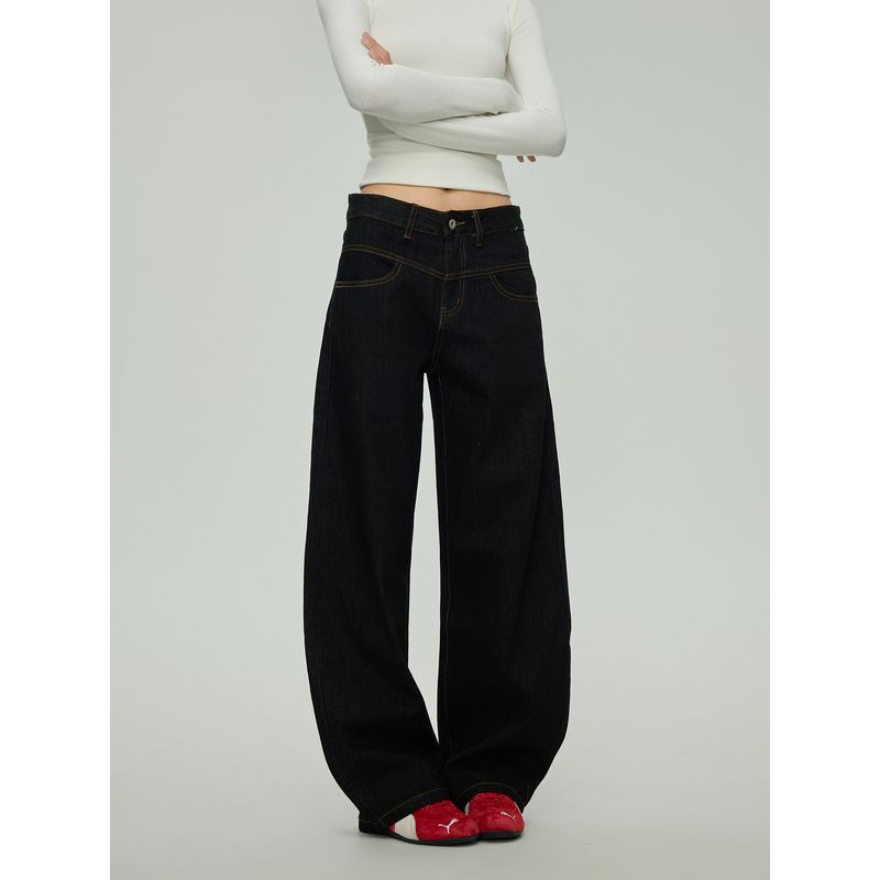 Black of Exit American Street Style Raw Denim Jeans Spring and Autumn Casual Straight-Leg Denim Pants for Men and Women