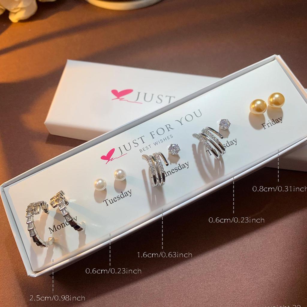 Weekly Earring Set: Flower Zircon Studs, Simple Ear Cuffs, Pearl Tassel French Earrings - 5 Pairs