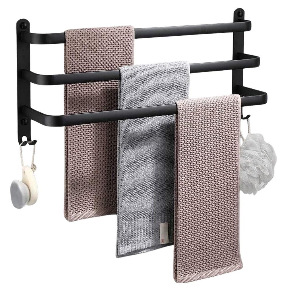 Bathroom Wall Towel Rack, Metal, Black + Hooks, 40 Cm