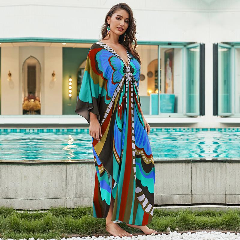 EDOLYNSA Plus Size Kaftan Red Bohemian Printed Summer Long Beach Dress Women Homewear Outfit Swim Suit Cover Up Loose Caftan
