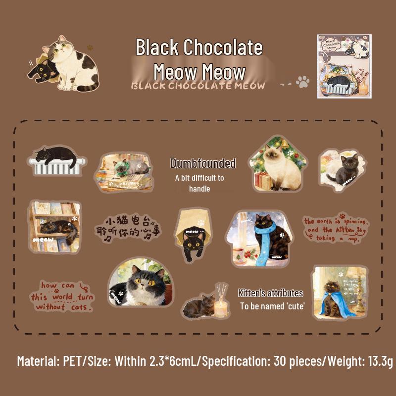Yuxian Cat Diary Waterproof Sticker Pack: 30 Sheets, 4 Styles for DIY Journal Decoration.