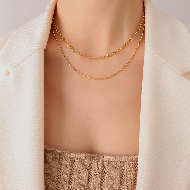 Trendy Double Layer Stackable Necklace for Women, 18K Gold-Plated Titanium Steel, European Style
