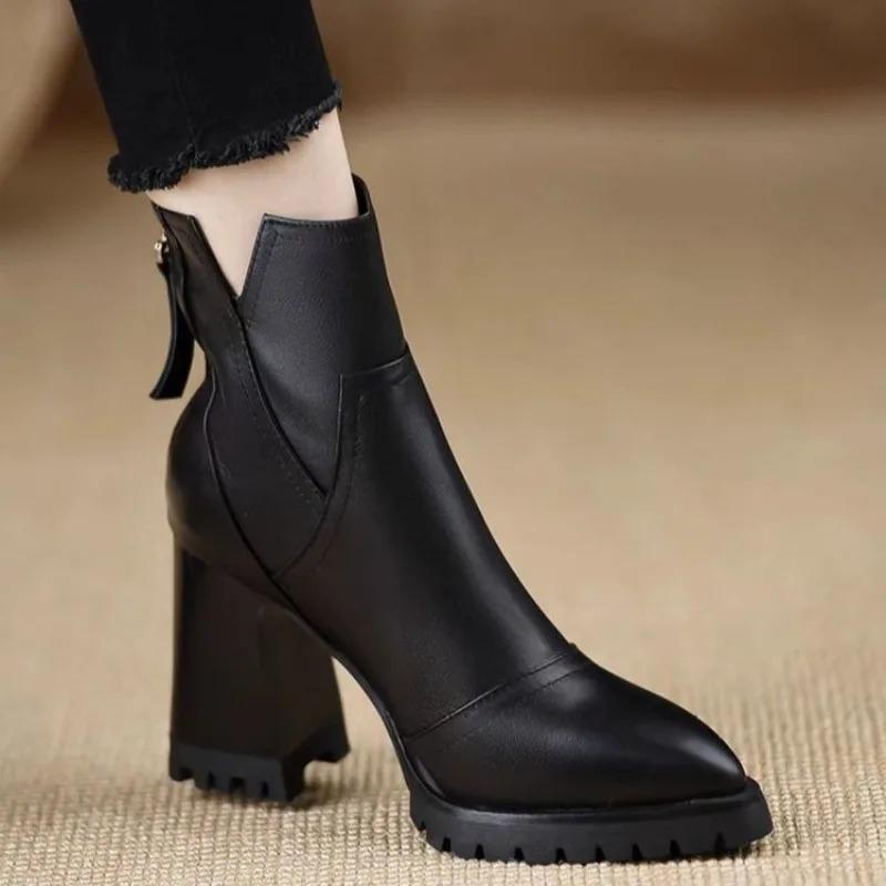 Women's Shoes Platform Pointed Toe Zipper Booties High Heel Boots Block Heel New Brown