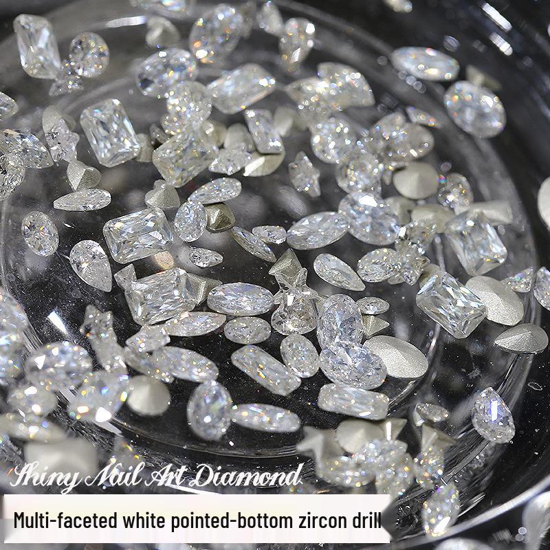 Multifaceted White Zircon Nail Ornaments - Super Shiny Marquise & Square Irregular Decorations