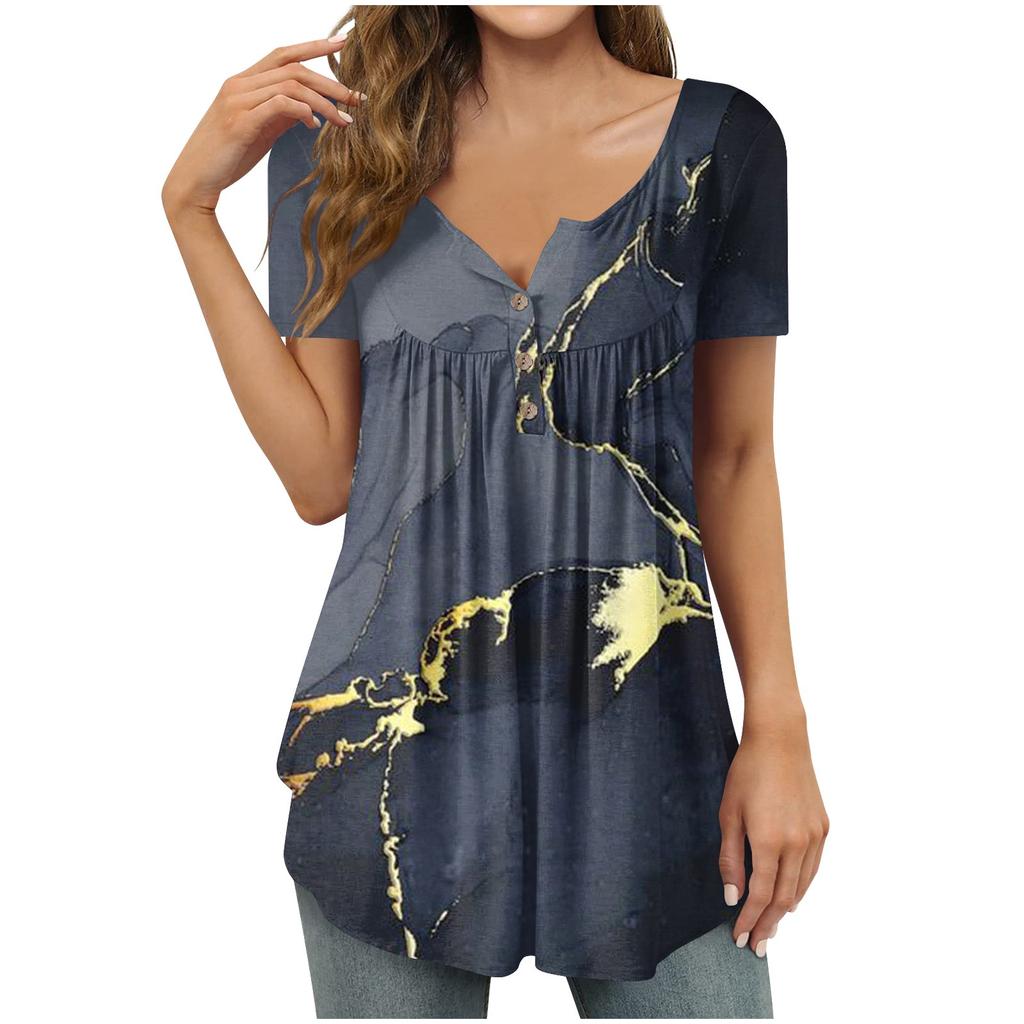 Women's Fashion Casual  Print Short Sleeve Button V Neck Loose T-Shirt Top