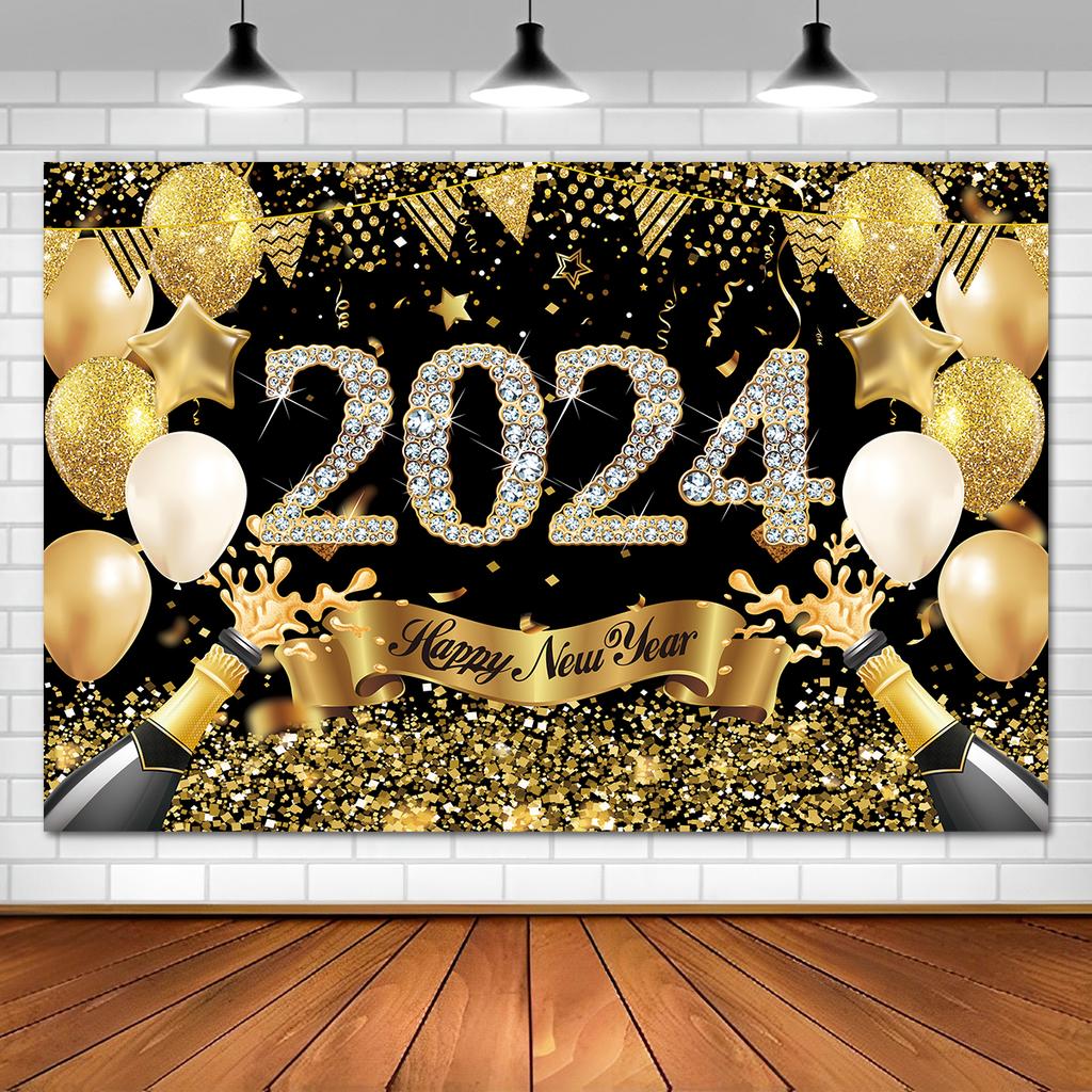2024 New Year Party Backdrop Firework Clock Bokeh Champagne Photocall Celebrate Banner Boy Girl Adult Backgrounds Decoration