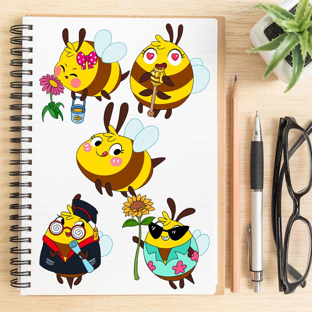8PCS Bee Sticker Set Cartoon Doodle Collage Laptop Phone Decorations Waterproof Stickers