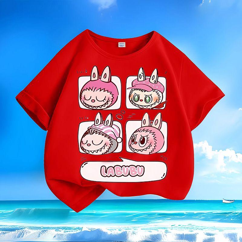 LABUBU New Round Neck Children's Short-sleeved, Multicolor LABUBU Expression Printed Girls' T-shirt,  Versatile Children's Tops