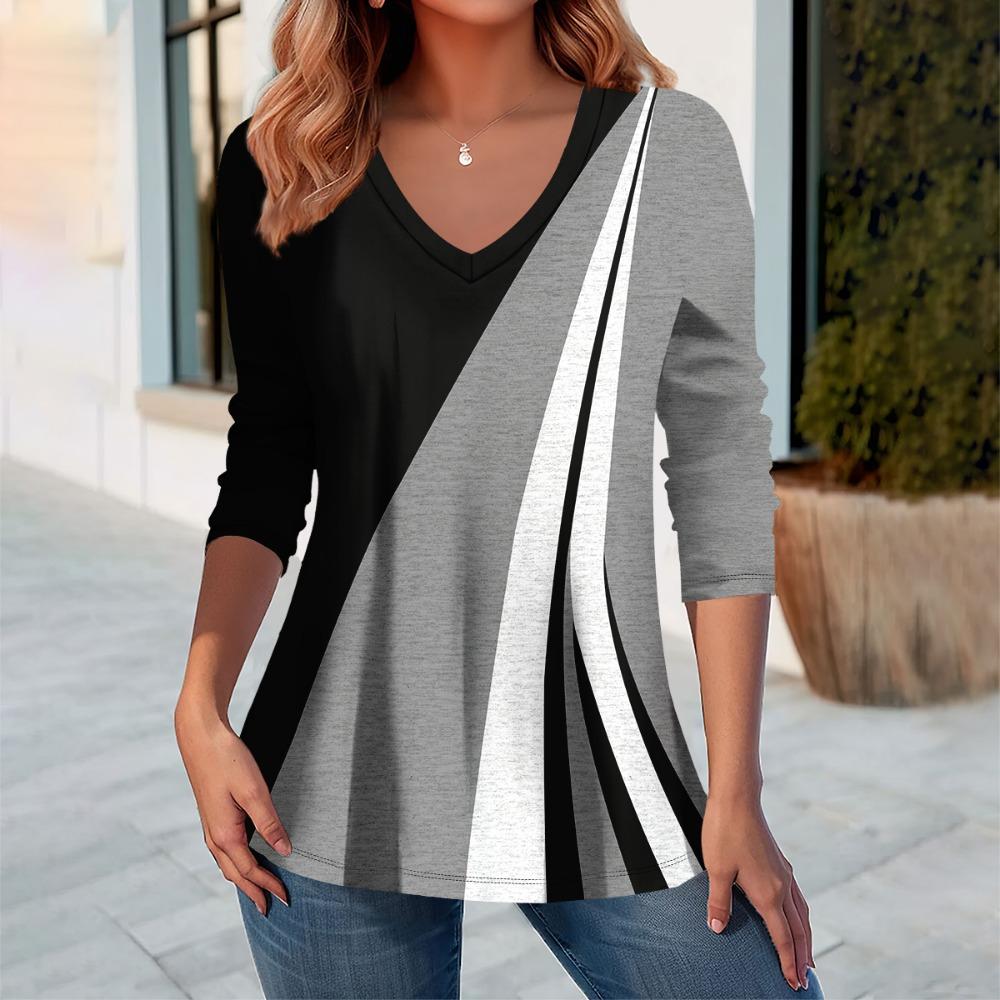 T-shirt da donna a maniche lunghe Moda pois Stampa 3D Scollo a V Maniche lunghe Top Autunno Casual Festivo Top da donna Abbigliamento