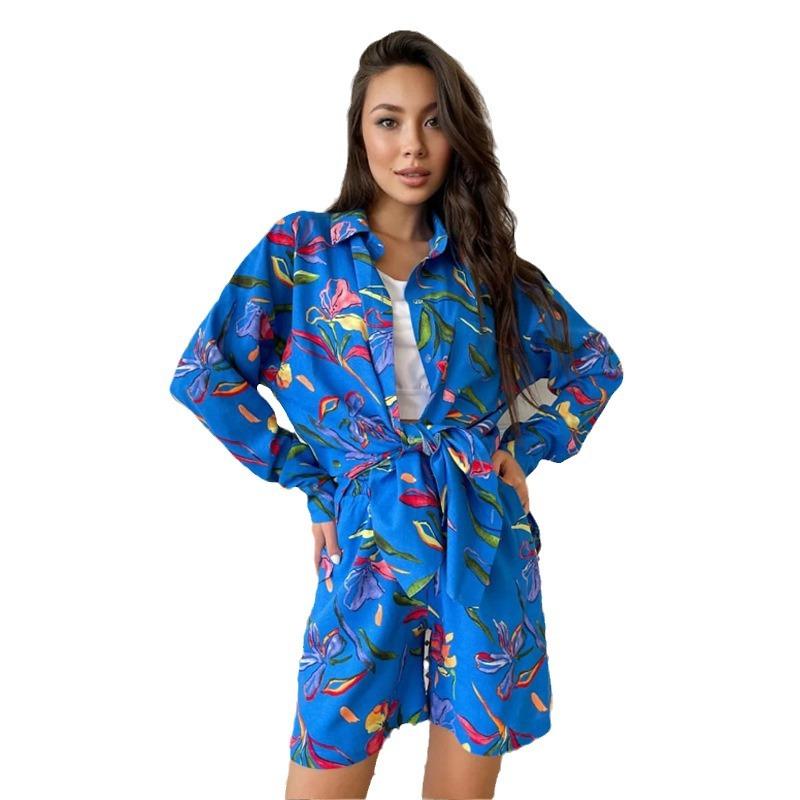 European and American Style Women's Spring and Autumn Casual Printed Long Sleeve Shirt and Shorts Two-Piece Set