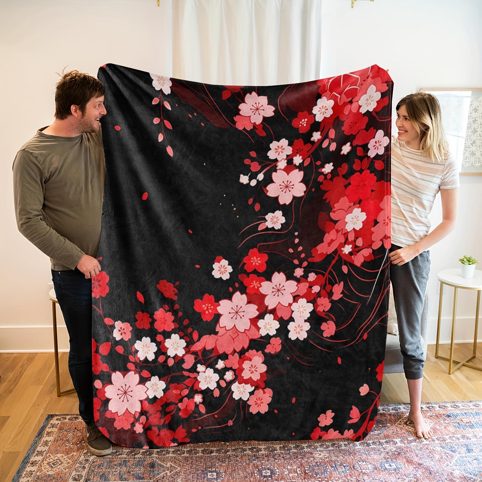 

1pc Cherry Blossom Floral Print Flannel Blanket - Soft High-Definition Digital Print, Black with Red & White Flowers, All-Season 75x90cm