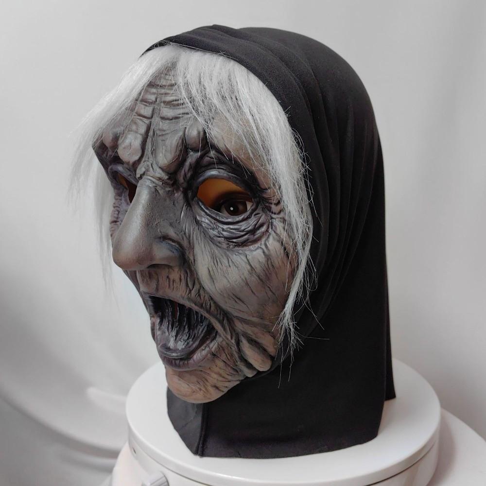 Dress Up White-haired Witch Mask Latex Party Cosplay Props Halloween Ghost Witch Mask  Unisex