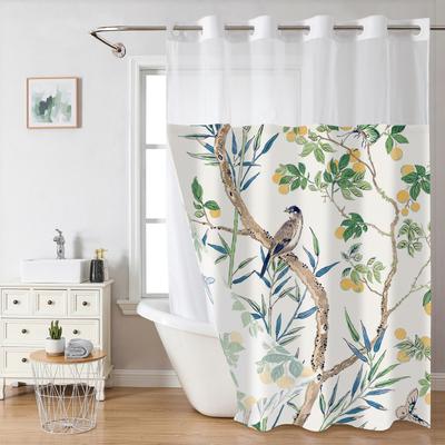 No Hook  Floral Pattern Shower Curtain With Snap-in Fabric Liner, Sheer Top Window, Waterproof Double Layer Bathtub Curtain