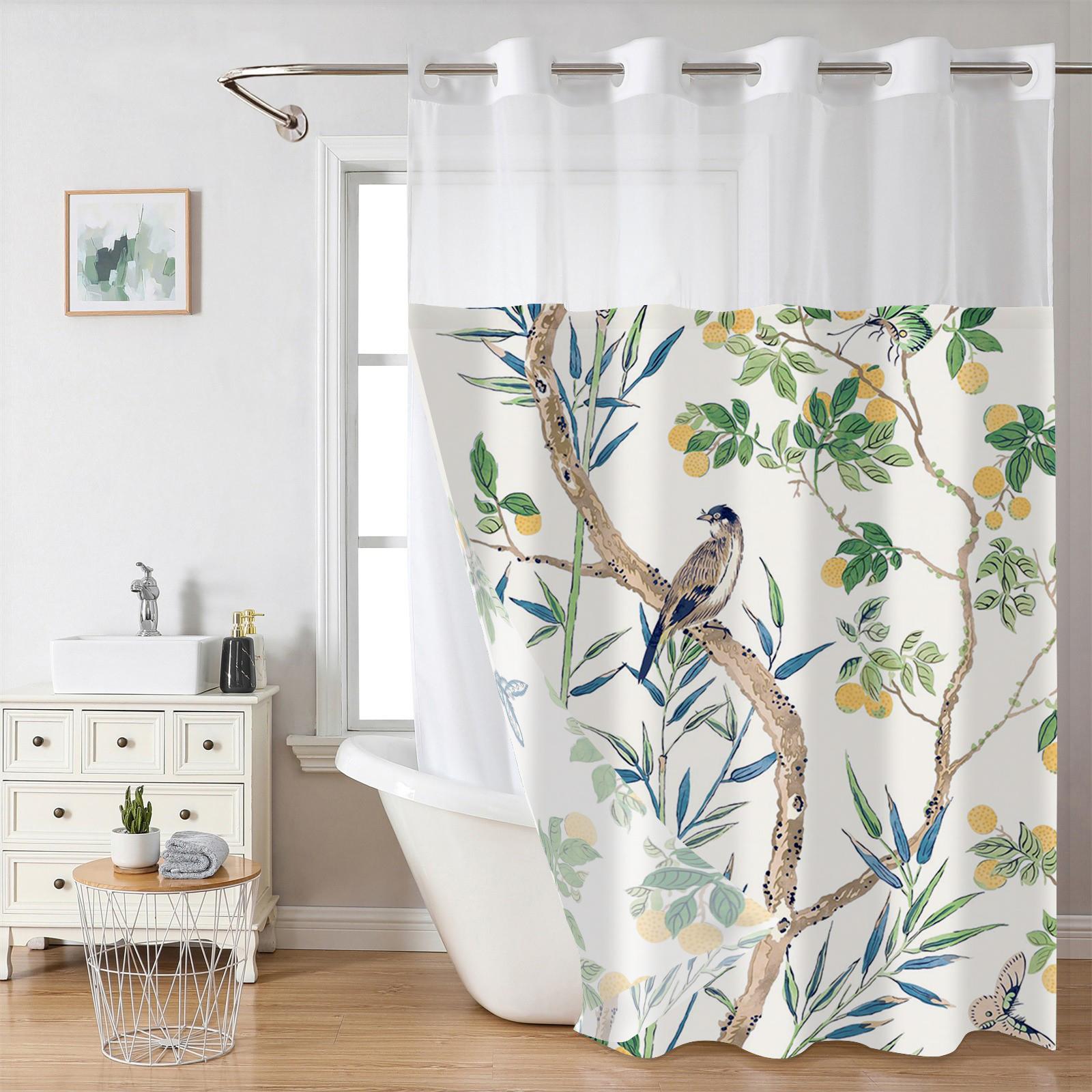 

Бесшовная шторка для душа с цветочным узором и тканевой подкладкой на кнопках, прозрачным верхом-окном, водонепроницаемая двухслойная занавеска для ванны 180X188cm синий