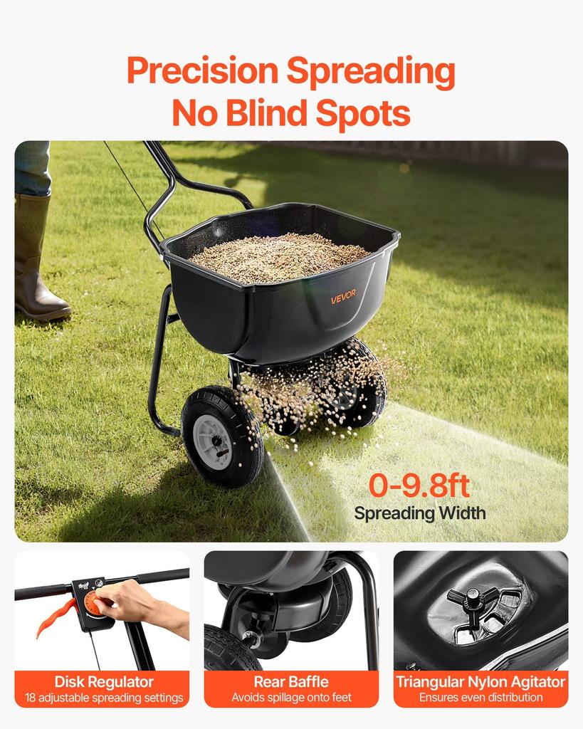 Walk Behind Spreader, 60LBS Capacity, Push Spreader with Hopper Grate, 0-9.8 Ft Spreading Width, 8 In All Terrain Pneumatic Tires, Garden & Lawn