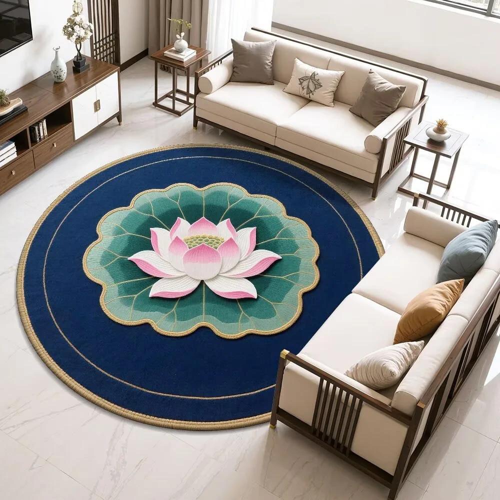 Lotus-Round Rug – Easy-Clean Meditation  Living Room Decor Rug with Chinese Floral Motif
