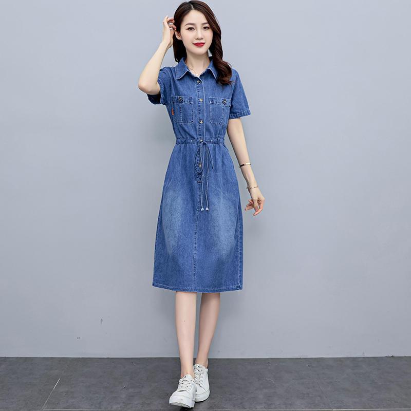 Summer Korean Denim Dress Short Sleeve Slim Waist Casual Lightweight Mid Length Fashion