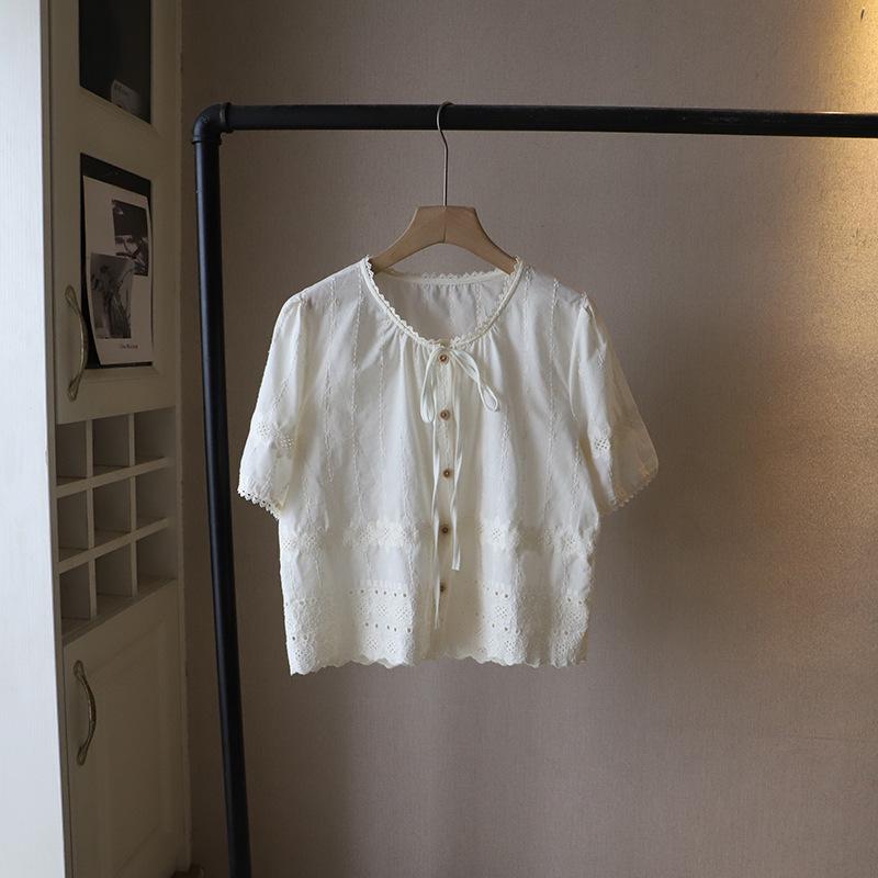 

Летний топ 2025 года с круглым вырезом, завязками, вышивкой, вырезами и короткими рукавами для женщин в корейском стиле One Size абрикосовый