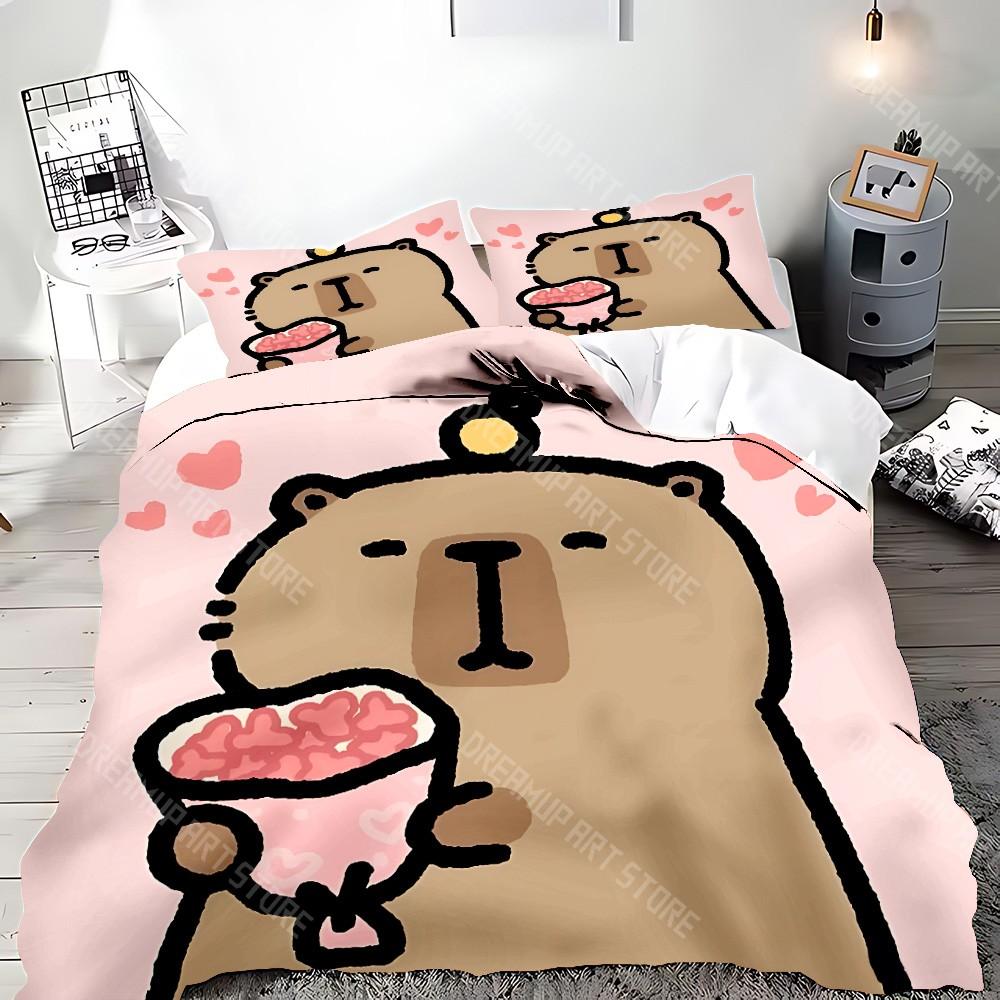 Cute Cartoon Capybara Duvet Pillowcase Bedding Set Adult Boy Girl Bedroom Decoration Children Gift Single Double Large Size