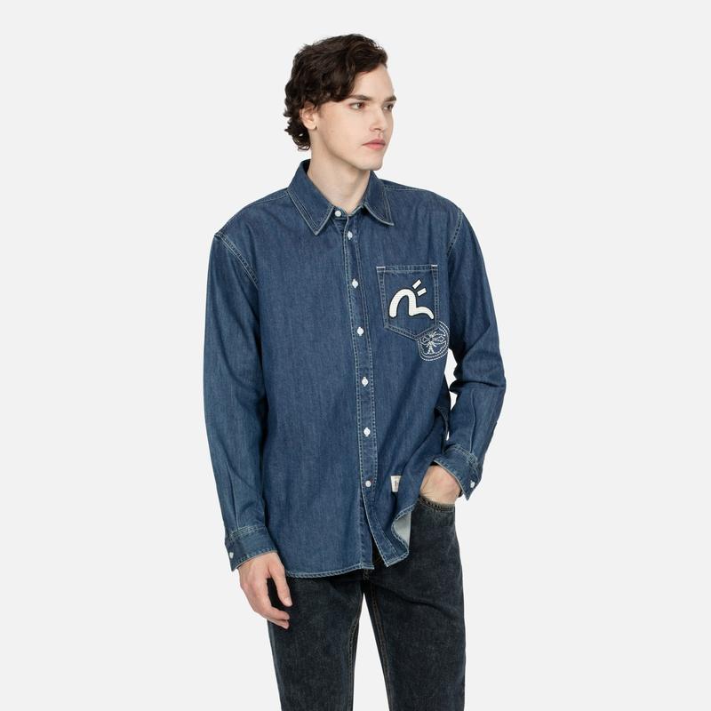 Evisu Aw23 Hinata Fire Festival Print Loose Fit Casual Denim Shirt Men shirts Denim-Blue 2EAHTM3SL1039RXDN