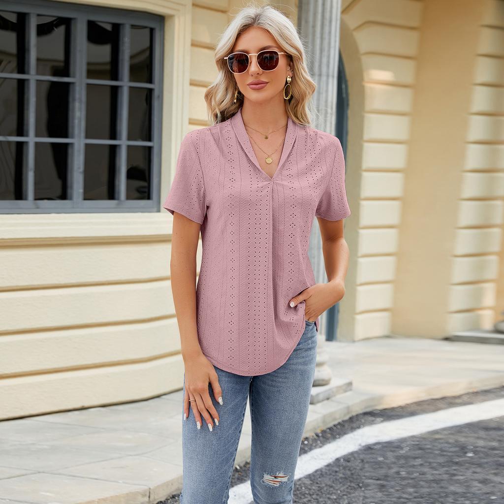 Women's Spring and Summer New, V-neck Jacquard, Loose Tops, Lapel Swallowtail, Short Sleeve T-shirt