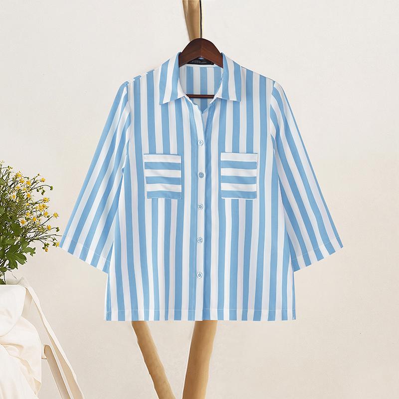 ZANZEA Women Turn Down Collar Summer Loose Casual 3/4 Sleeve Stripe Blouse