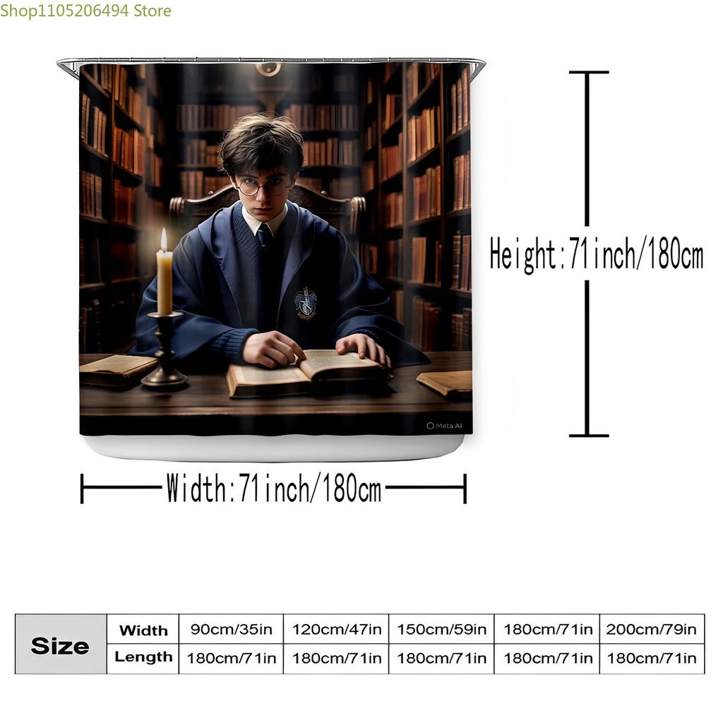 Shower Curtain Featuring a Magical School Theme from Warner Bros., Depicting a Wizard Reading by Candlelight, Perfect for Vale