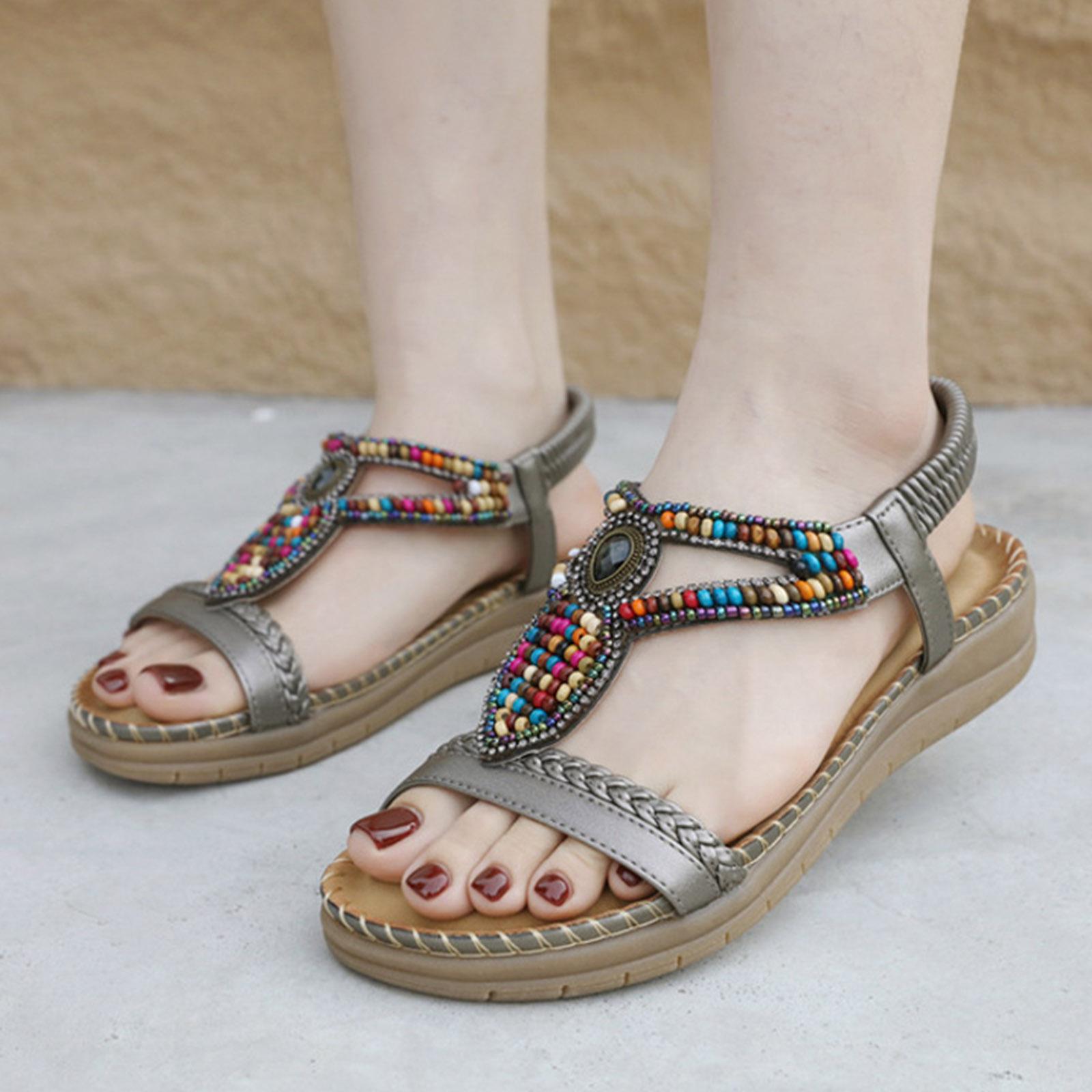 

Bohemian Rhinestone Sandals For Womens Comfortable Round Toe Beach Vacation Plus Size Sandal Zapatos Para Mujer Sandalias Planas 36 сірий