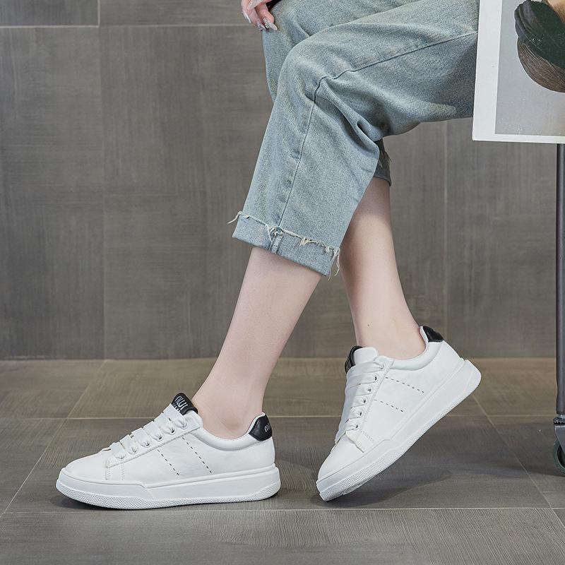 Women's Classic Genuine Leather White Sneakers - Retro Style, Thick Sole, Versatile Casual Skate Shoes