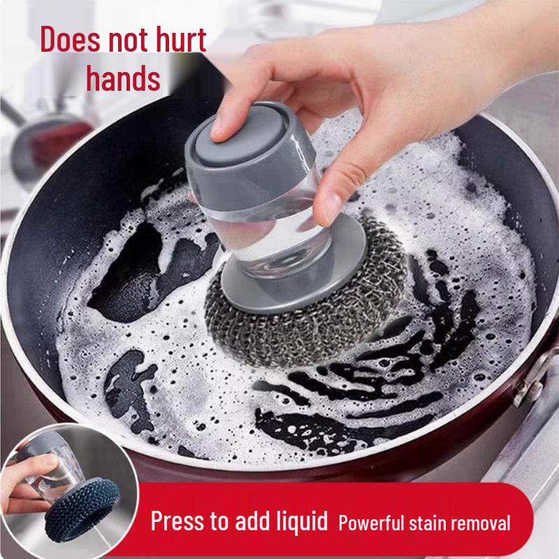 Steel Wool Press Pot Brush: Long-Handle, Multipurpose Kitchen Cleaning Brush with Dish Soap Dispenser