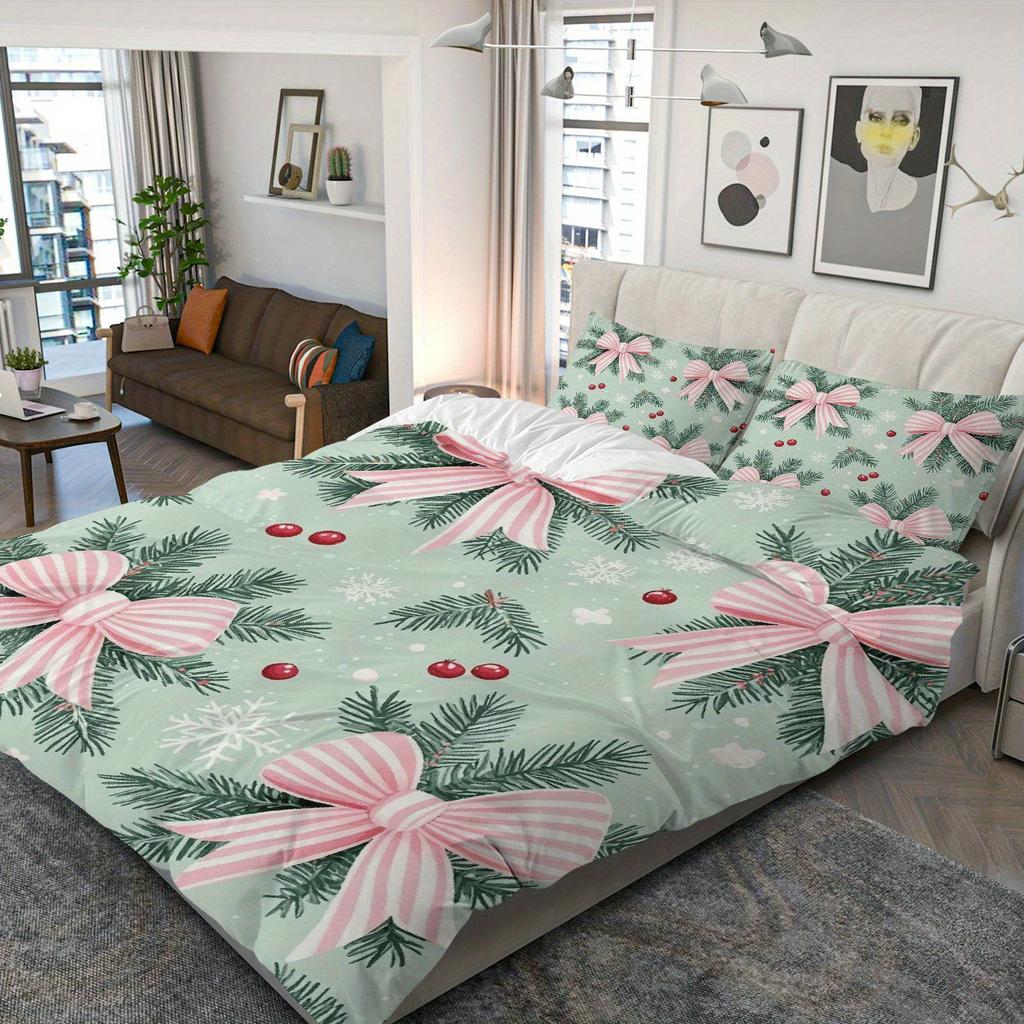 3pcs Christmas Duvet Cover Set with Pink Bow & Pine Branch Snowflake Berry Design - Soft Polyester Bedding, Zipper Closure