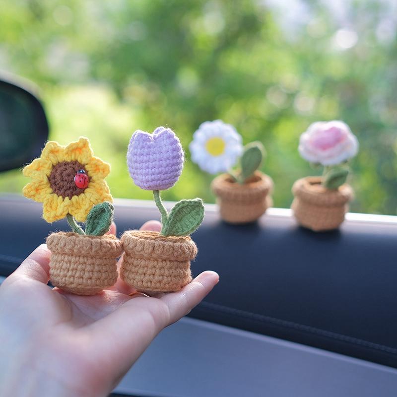 Mini Cute Crochet Flower Hand-Woven Simulation Flower Sunflower Potted Plants Knitted Finished Flowers Home Garden Decoration