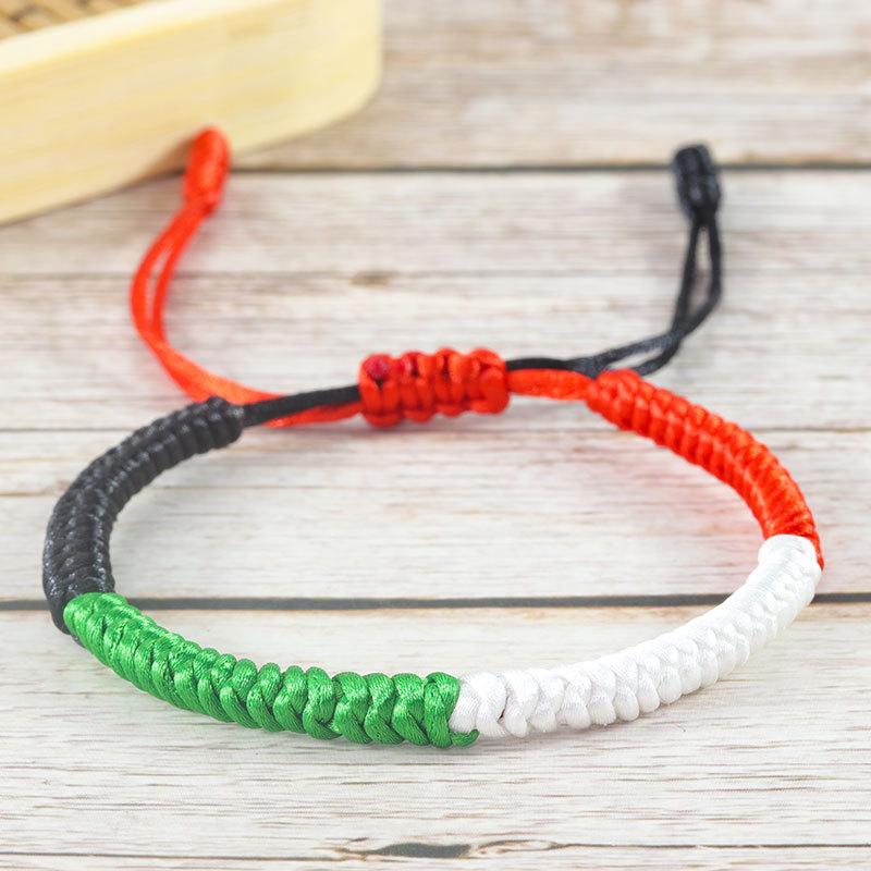 Handgefertigtes verstellbares Armband in den Farben der Flaggen von Palästina, Kuwait, VAE mit buntem Vajra-Knoten